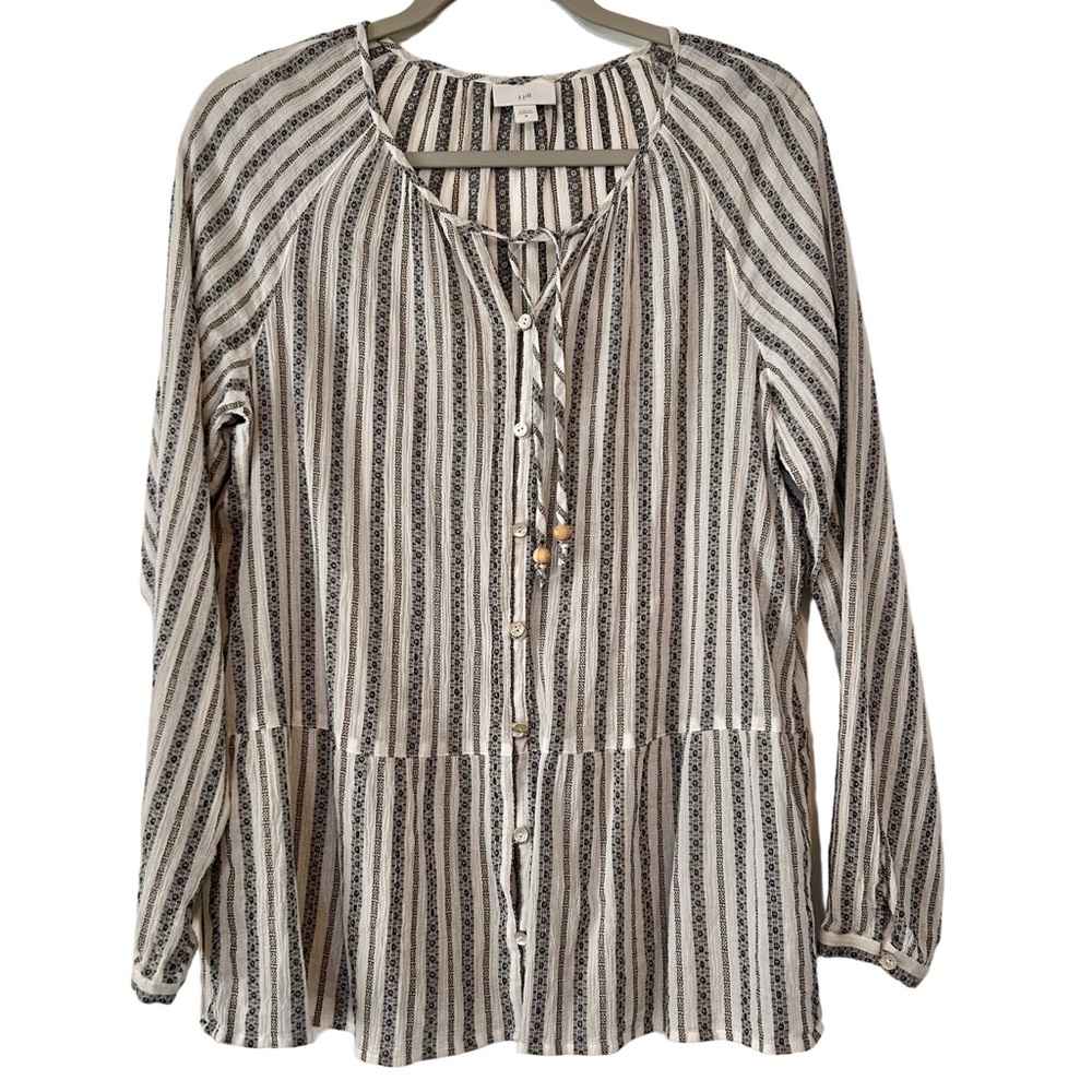 J. Jill Navy and White Cotton Striped Button-Down Tunic Peplum Blouse